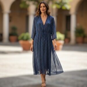 Roseanna Silk Geometric Midi Dress Size 34 US 2 Drawstring Waist Blue Brown